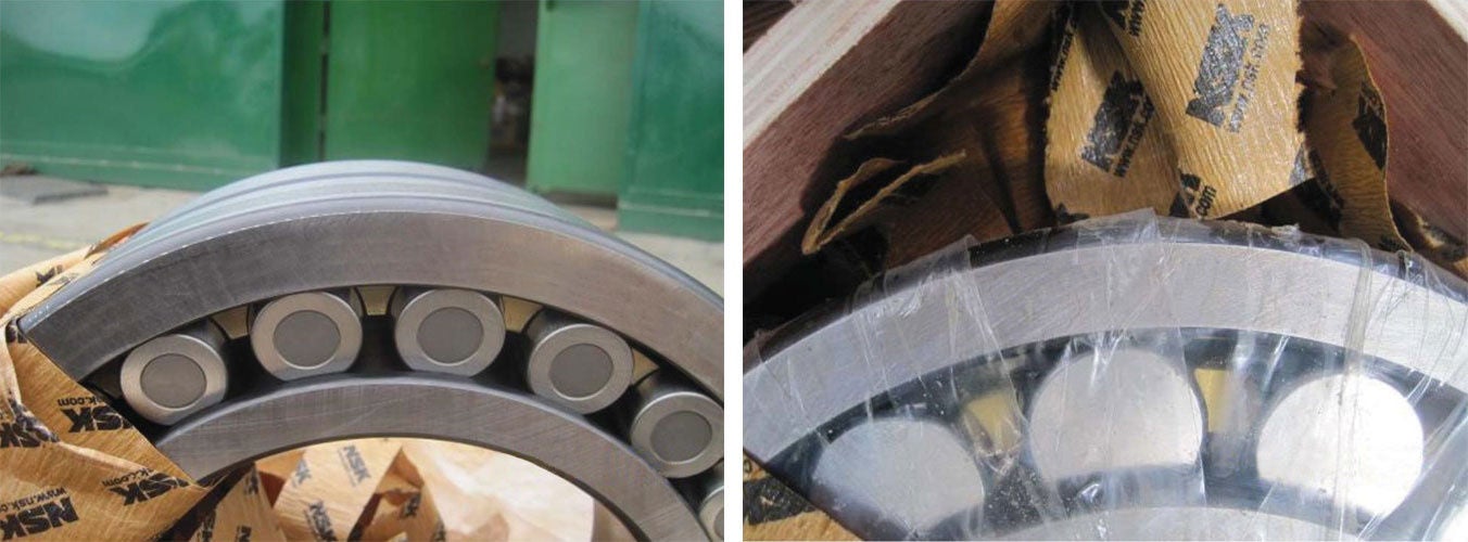 Counterfeit Bearings, authentic NSK bearing left, fake bearing right, Counterfeit Bearings, authentic NSK bearing left, fake bearing r Authentic (left) and counterfeit (right)