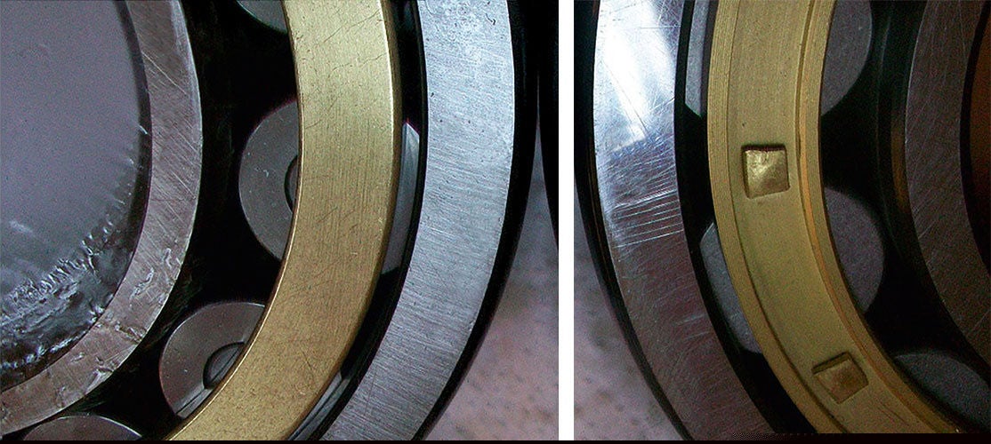 Counterfeit Bearings, authentic NSK bearing cage left, fake bearing cage right, Counterfeit Bearings, authentic NSK bearing cage left, fake bear Left: single-piece machined brass cage with broached pocket; Right: counterfeit two-piece cage with rivets