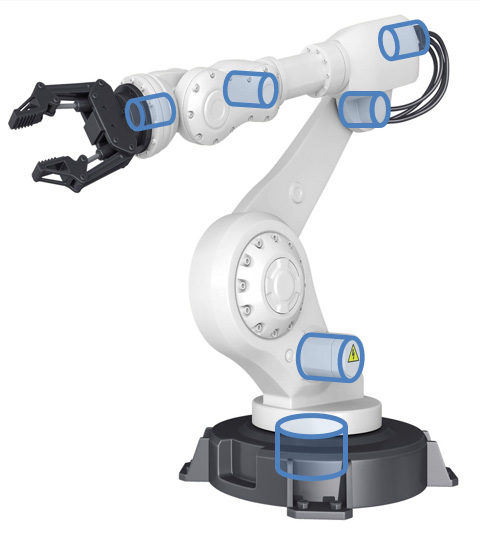 ロボットにおけるサーボモータの搭載箇所例と、サーボモータにおける軸受の配置箇所